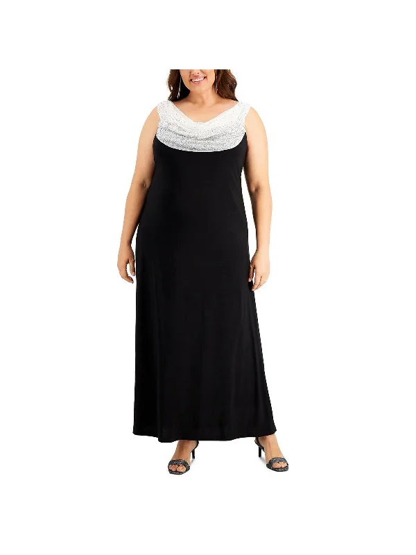 Plus Womens Embellished Cowl Neck Evening Dress