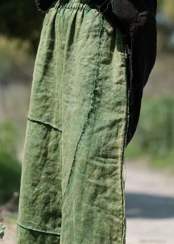 Vintage Green Pockets Elastic Waist Linen Crop Pants Summer