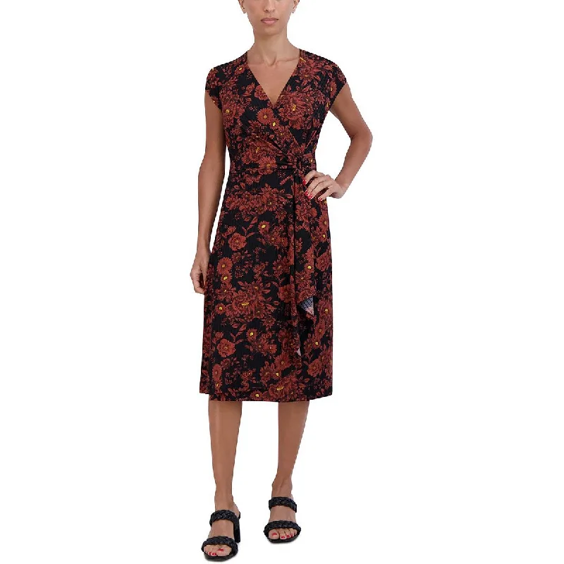 Petites Womens Floral Midi Wrap Dress