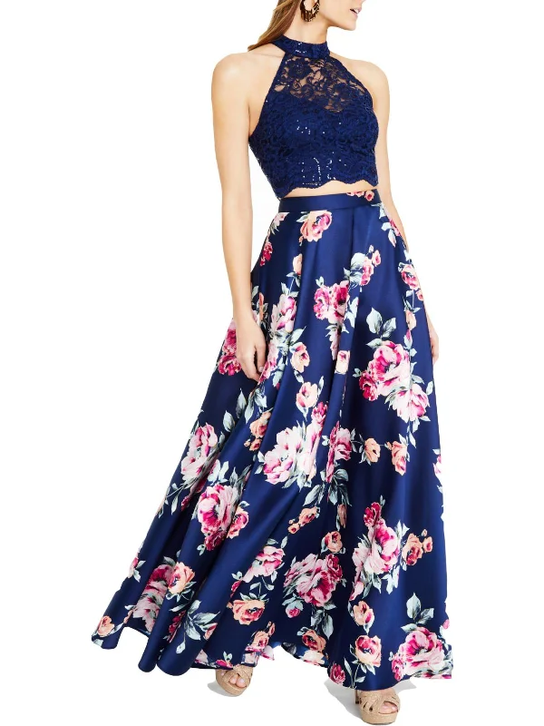 Juniors Womens Floral Long Evening Dress