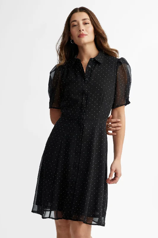 Robe-chemisier manches courtes en chiffon à pois - Femme