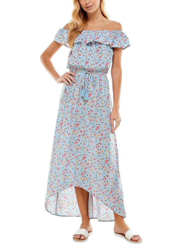 Juniors Womens Floral Tie Waist Maxi Dress