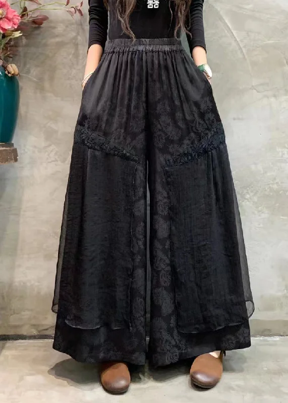 Women Black Pockets Elastic Waist Silk Linen Wide Leg Pants Spring