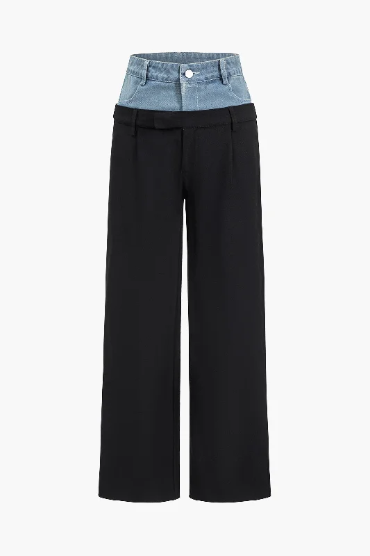 Denim Patchwork Straight Trousers