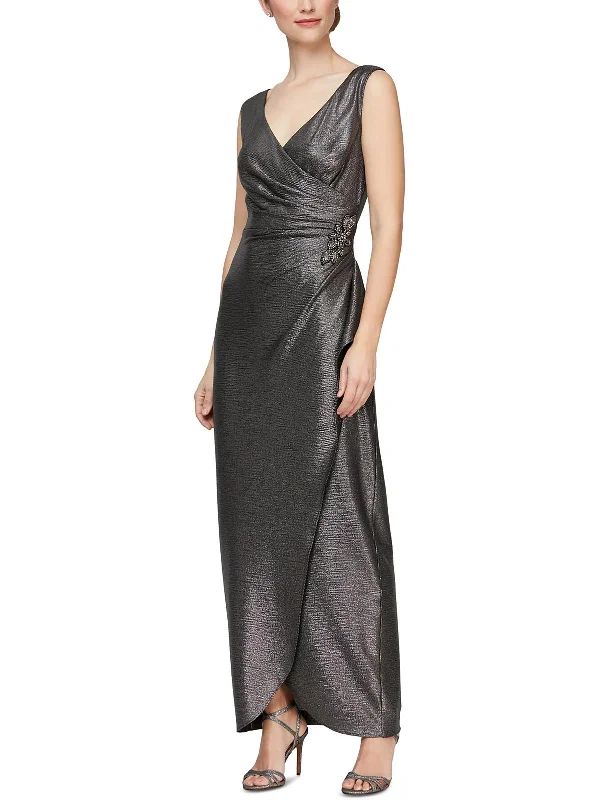 Womens Metallic Draped Evening Dress