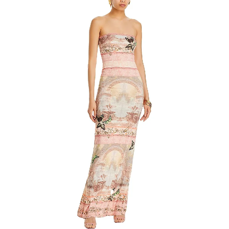 Womens Art Print Strapless Maxi Dress