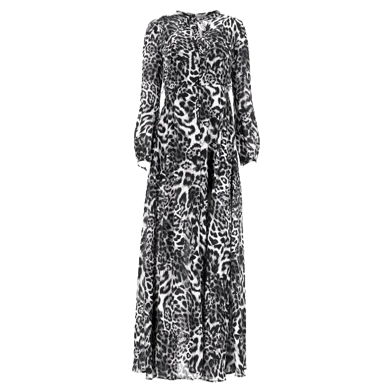 Michael Kors Leopard Print Maxi Buttoned Long Sleeve Dress in Black and Black Viscose