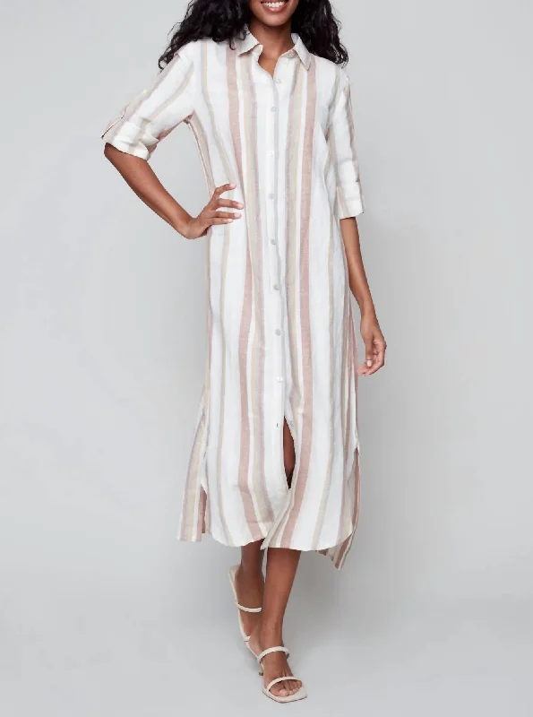 Striped Long Linen Blend Duster Dress in Clay