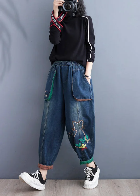 Art Blue Cartoon Embroidered Pockets Elastic Waist Denim Pants Spring