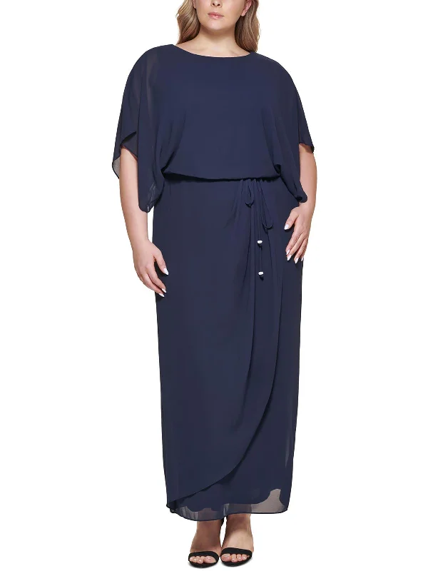 Plus Womens Blouson Cape Sleeve Evening Dress