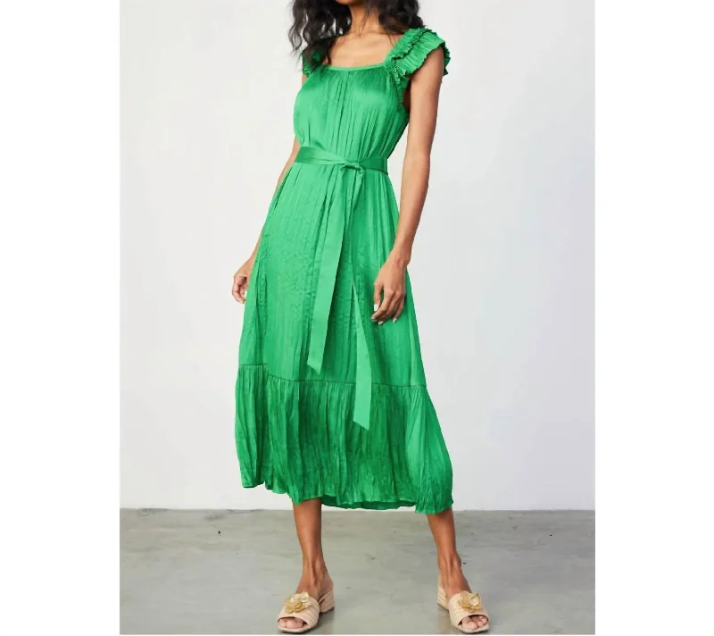 Ruffled Sleeve Crinkle Midi Dress In Green