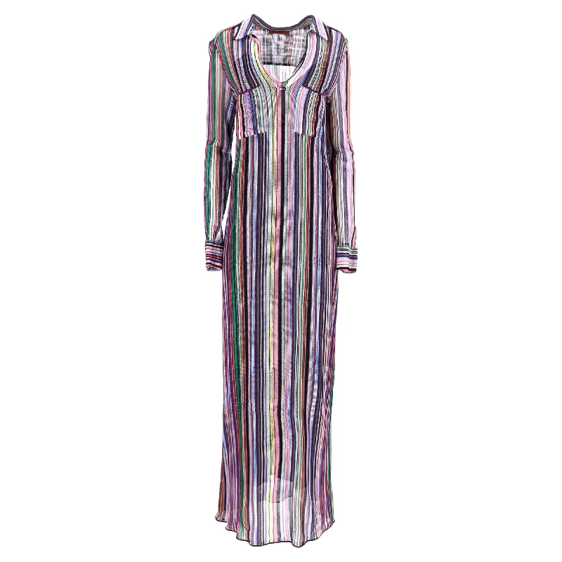 Missoni Knitted Stripe Maxi Long Sleeve Dress in Multicolor Viscose