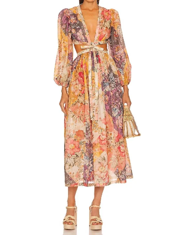 Pattie Patchwork Floral Long Sleeve V-Neck Cut Out Maxi Dress in Patch Floral