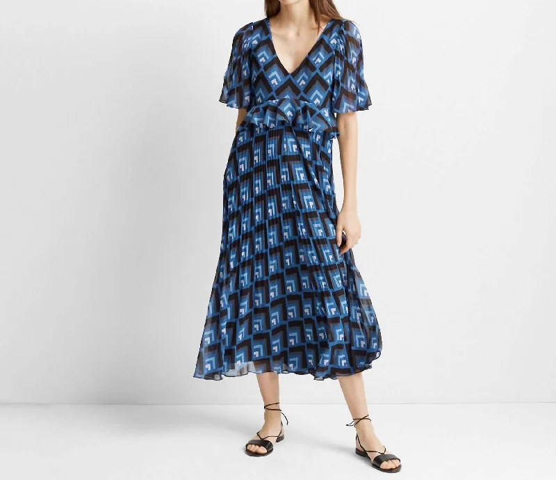 Gostanzah Pleated Diamond Print Ruffle Midi Dress In Blue