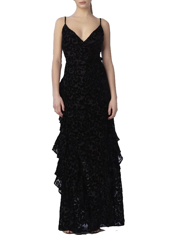 Womens Velvet Ruffled Evening Dress