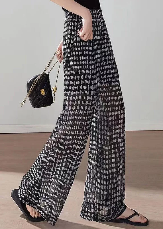 Boho Black Pockets Print Elastic Waist Chiffon Pants Summer