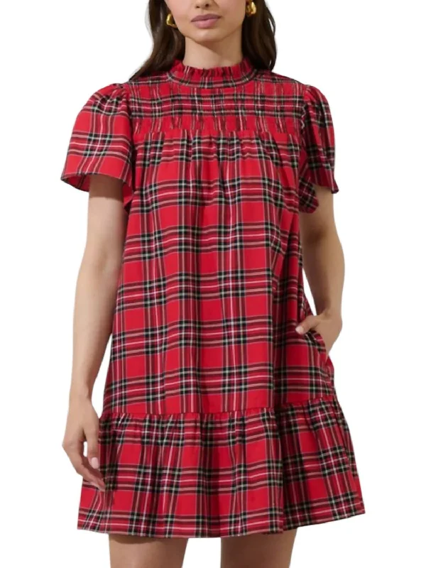 Gloria Plaid Short Sleeve Mini Dress In Red