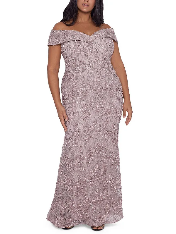 Plus Womens Sequined Lace Overlay Evening Dress