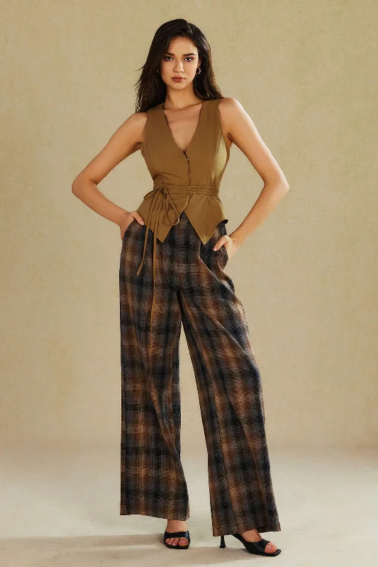 Plaid Print Wide Leg Trousers