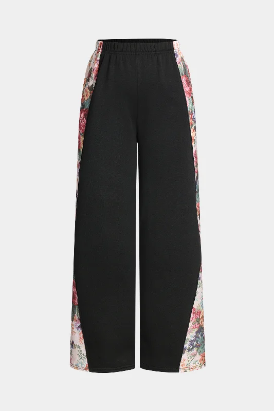 Floral Leaves Pattern Patchwork Wide Leg Trousers