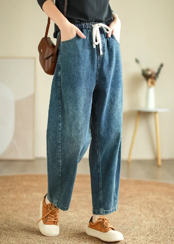 French Blue Pockets High Waist Denim Crop Pants Spring