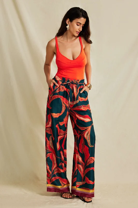 Leaf Print Drawstring Wide Leg Pants