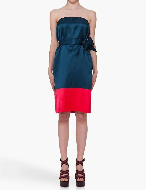 Suzie Satin Silk Strapless Belted Midi Dress In Blue, Red