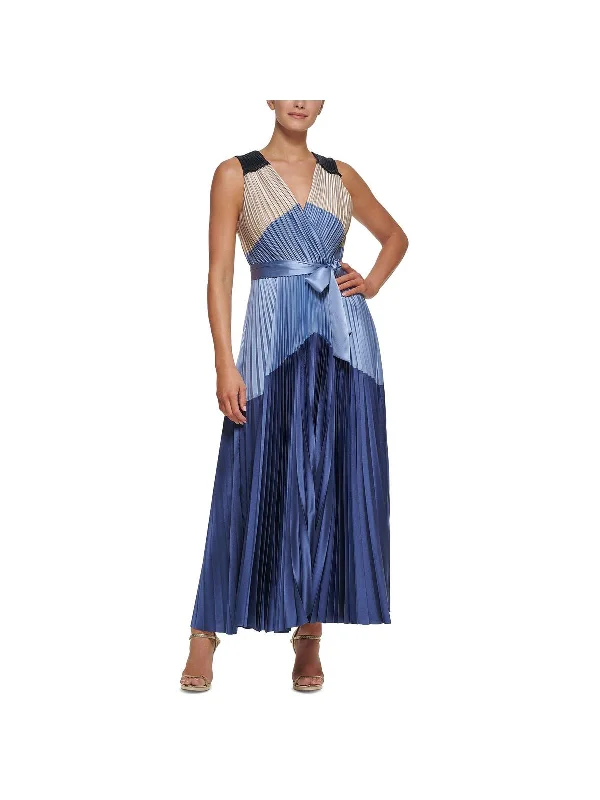 Womens Satin Pleated Maxi Dress