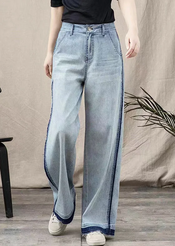 Beautiful Blue Pockets Patchwork Denim Wide Leg Pants Spring