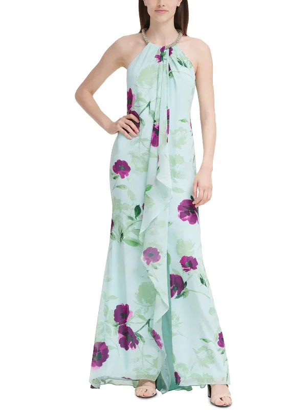 Womens Floral Print Halter Evening Dress