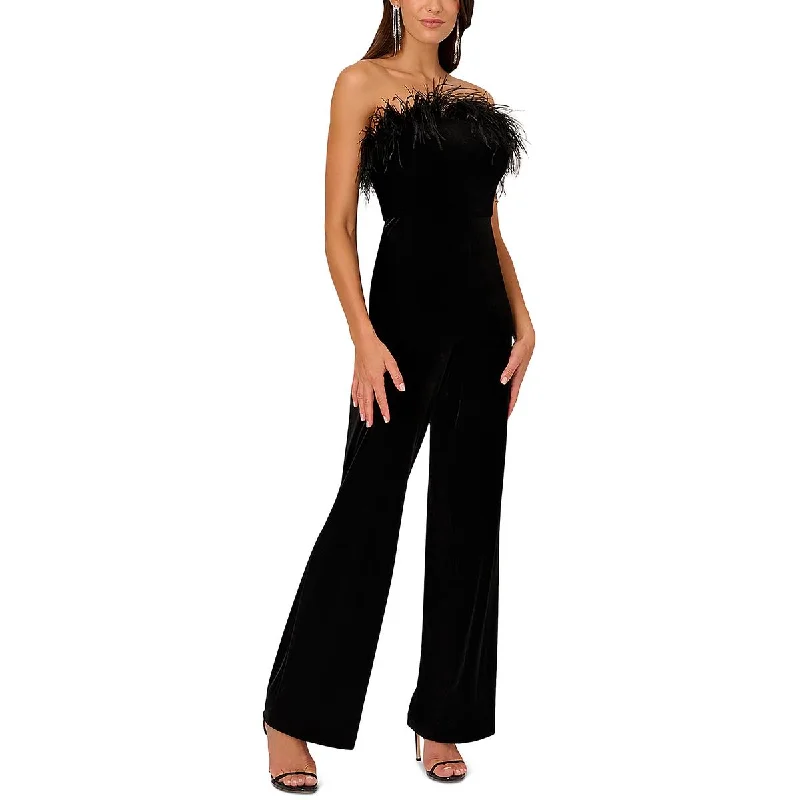 Liv Foster Womens Stretch Ostrich Feather Velvet Jumpsuit