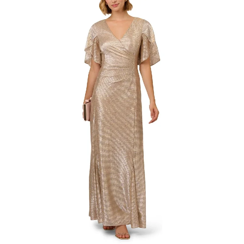 Womens Metallic Flutter Evening Dress