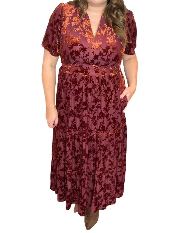 Velvet Floral Midi Dress In Burnout Rust