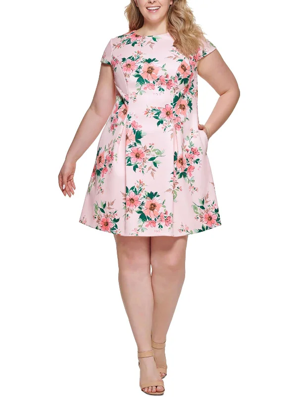 Plus Womens Floral Print Pleated Mini Dress