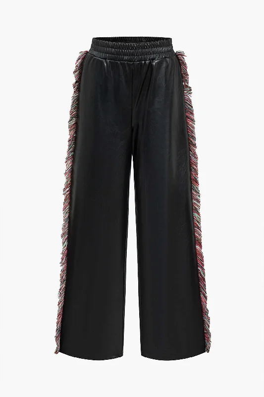 Solid Faux Leather Trousers With Fringe