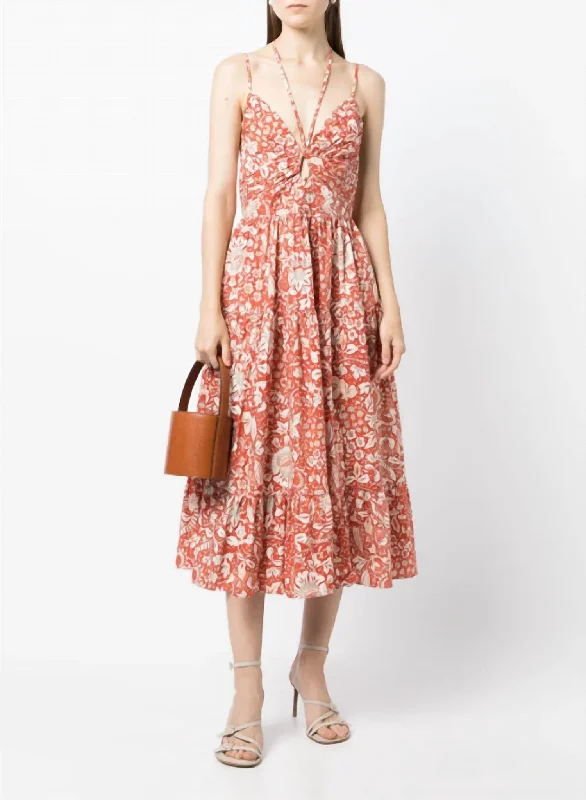 Phoebe Halter Tie Strap Tiered Midi Dress In Orange Blossom