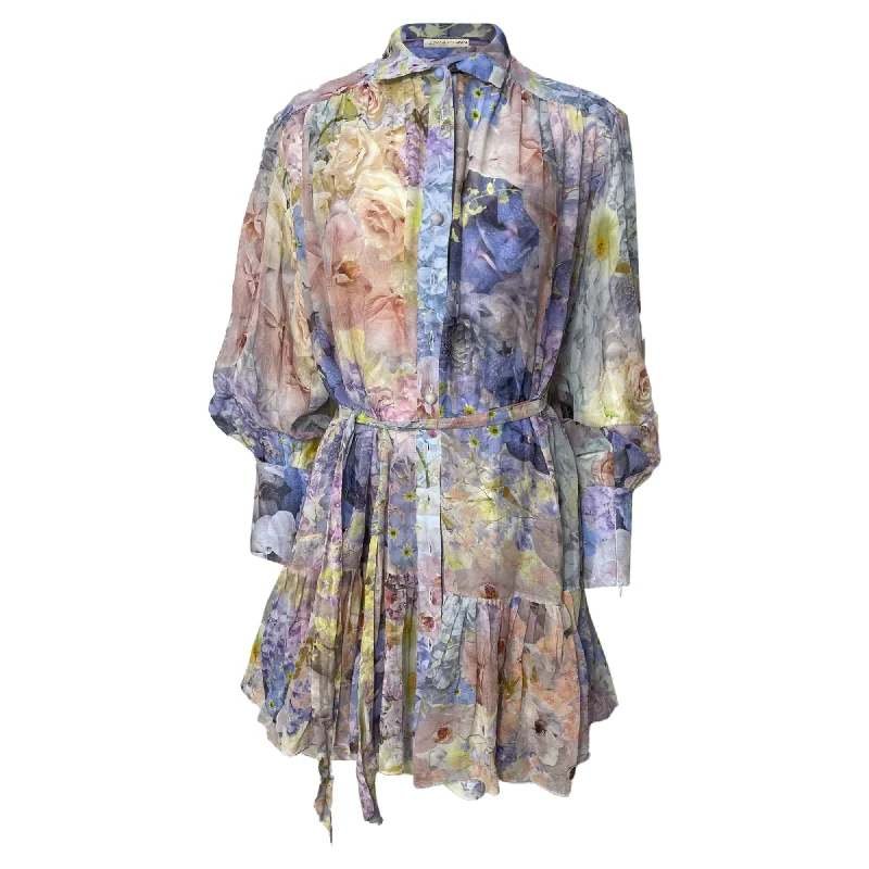 Zimmermann Rhythmic Belted Floral Print Mini Shirt Dress in Multicolor Cotton