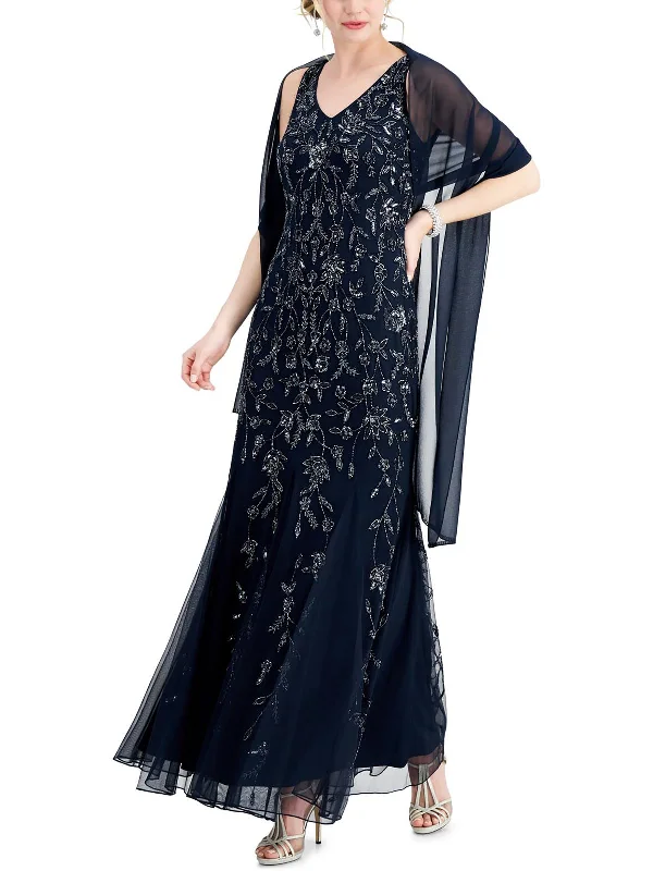 Womens Beaded V-Neck Evening Dress