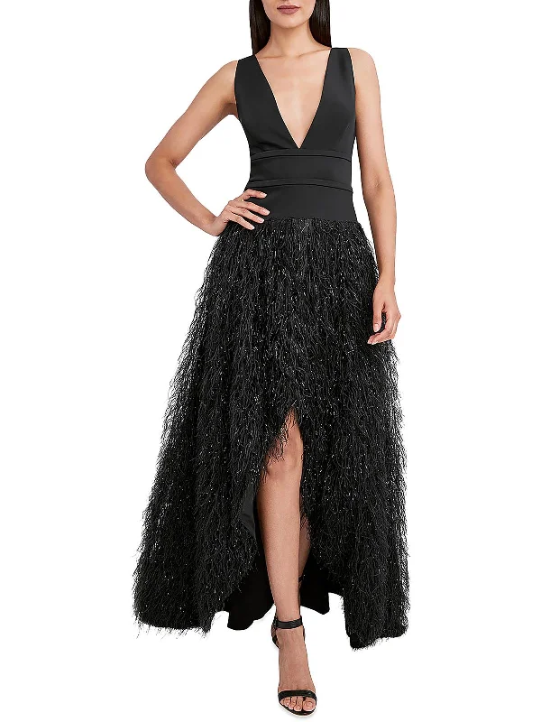 Womens Feathers Hi-Low Evening Dress