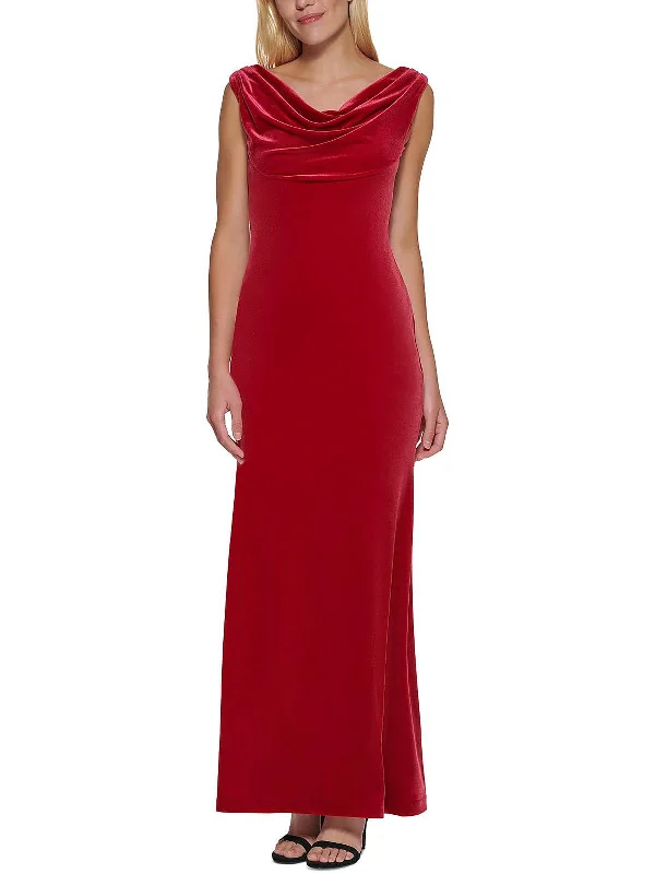 Petites Womens Velvet Cowl Neck Evening Dress