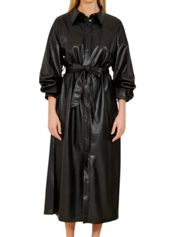 Vegan Leather Ruched Sleeve Maxi Dress In Black