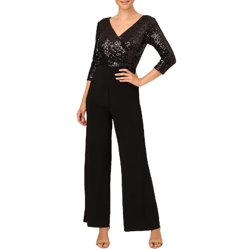 Adrianna Papell Womens Sequin Faux Wrap Jumpsuit