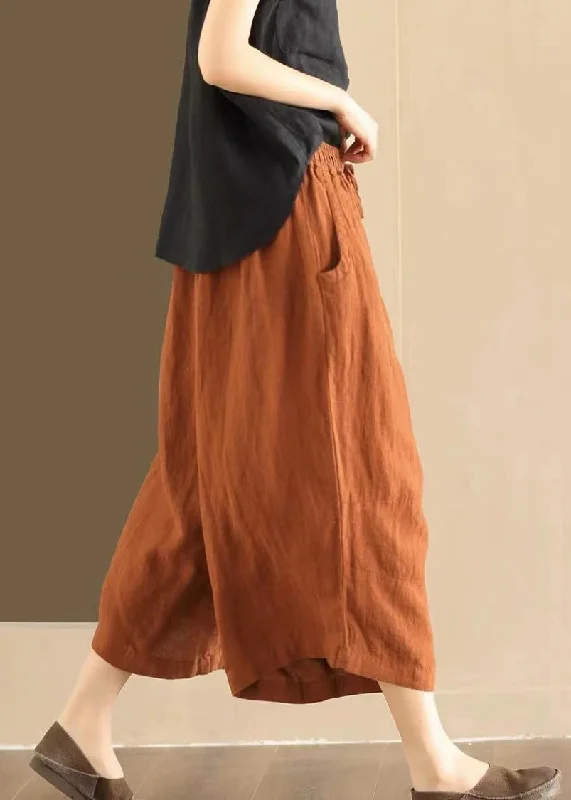 Loose Orange Pockets Elastic Waist Linen Wide Leg Pants Summer