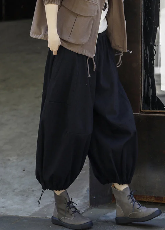 Black Solid Drawstring Cotton Lantern Pants High Waist