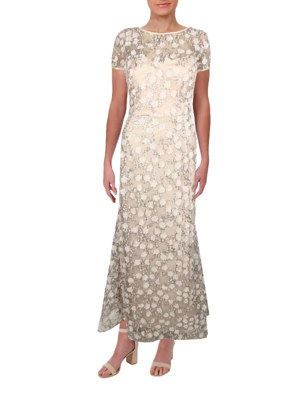 Petites Womens Mesh Floral Evening Dress