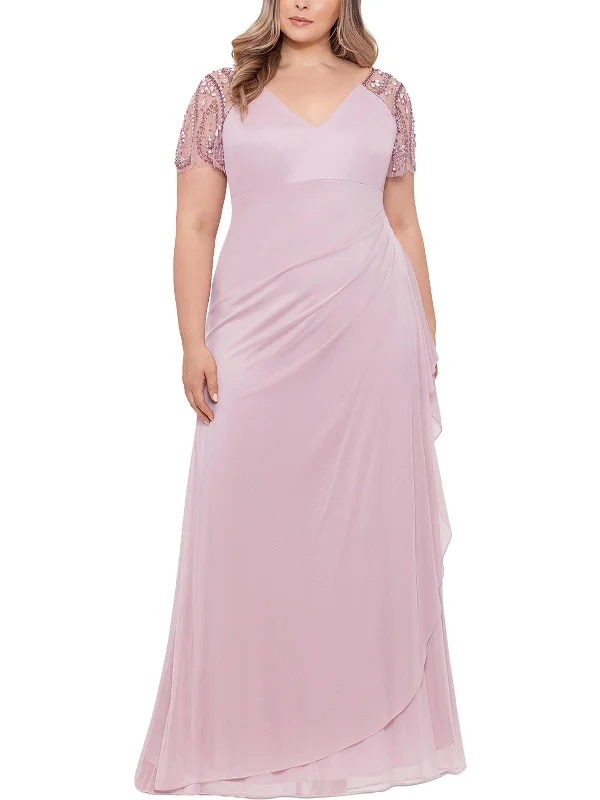 Plus Womens Chiffon Embellished Evening Dress