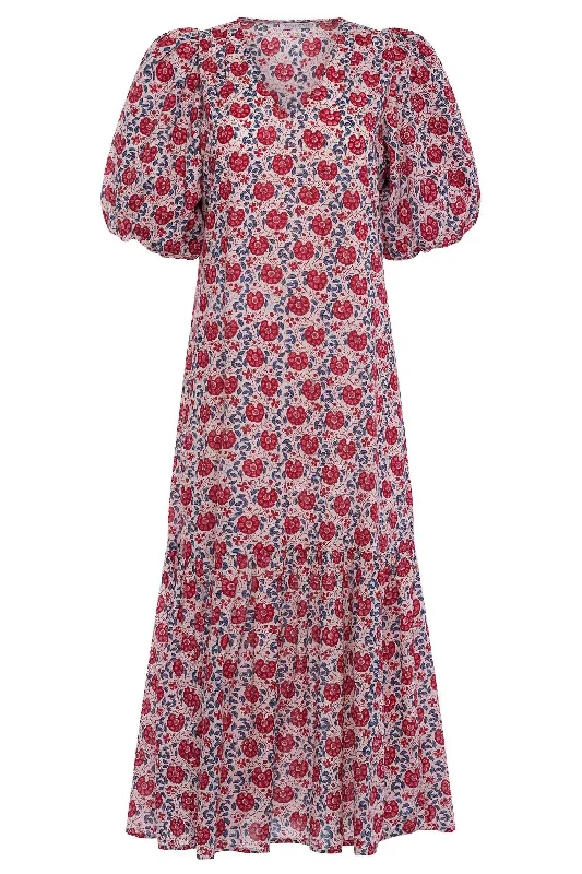 Women'S Myers Puff Sleeve Floral Maxi Dress in Red/Blue