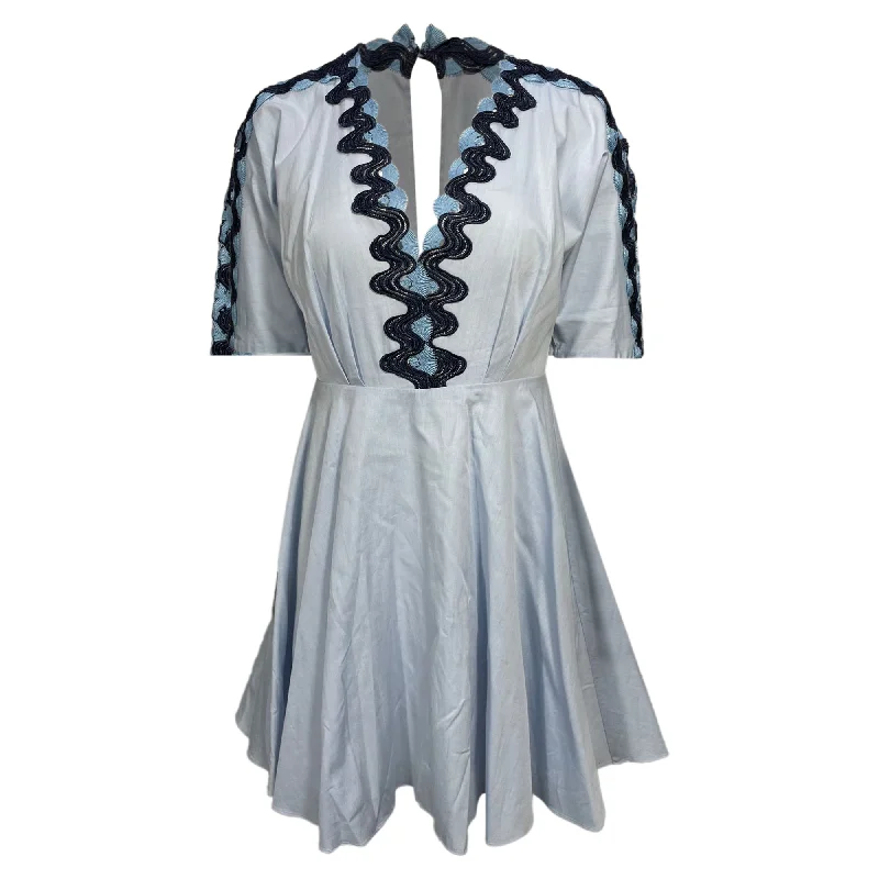 Sandro Embroidered Pleated Mini Dress Light Blue Cotton