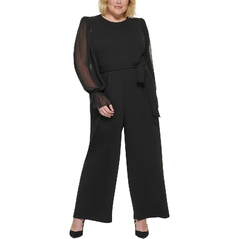 Calvin Klein Womens Plus Belted Sheer Sleeves Jumpsuit