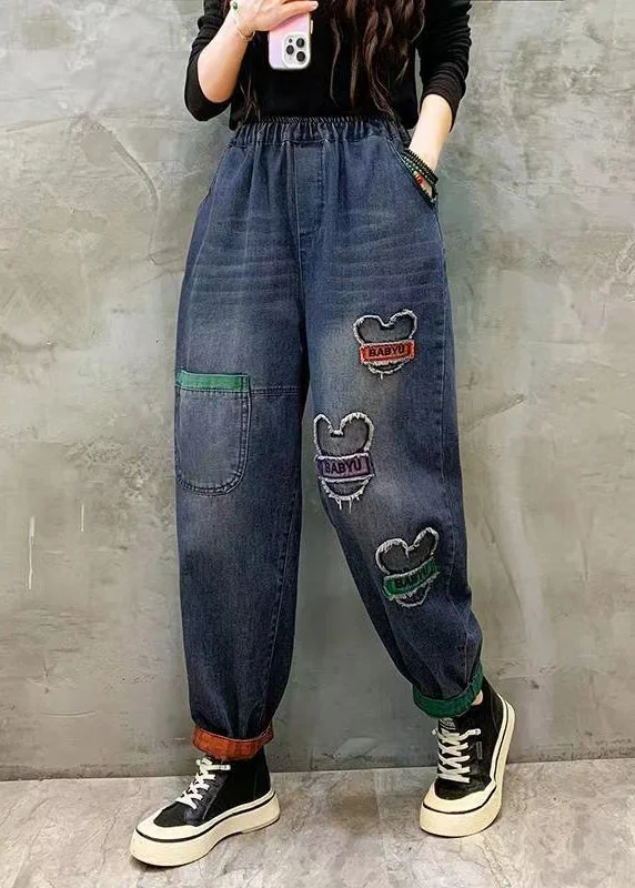 Casual Blue Pockets Patch Elastic Waist Denim Pants Spring